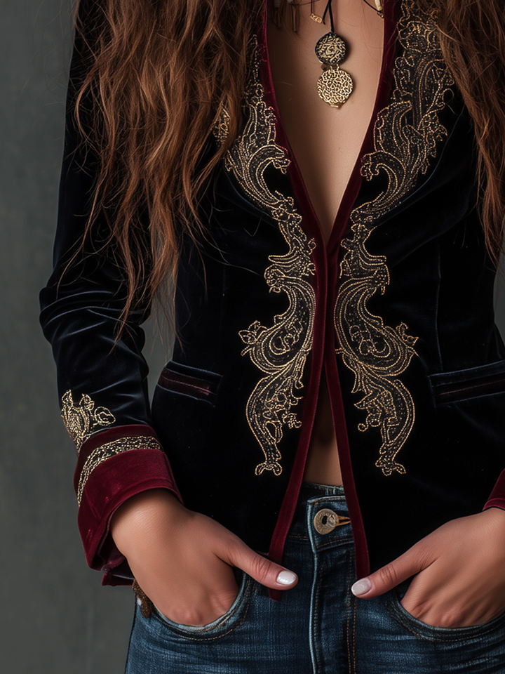 Classic Baroque Velvet Blazer with Embroidery