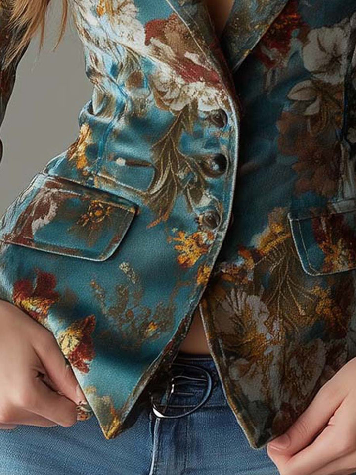 Tailored Vintage Velvet Blazer in Teal Floral Print
