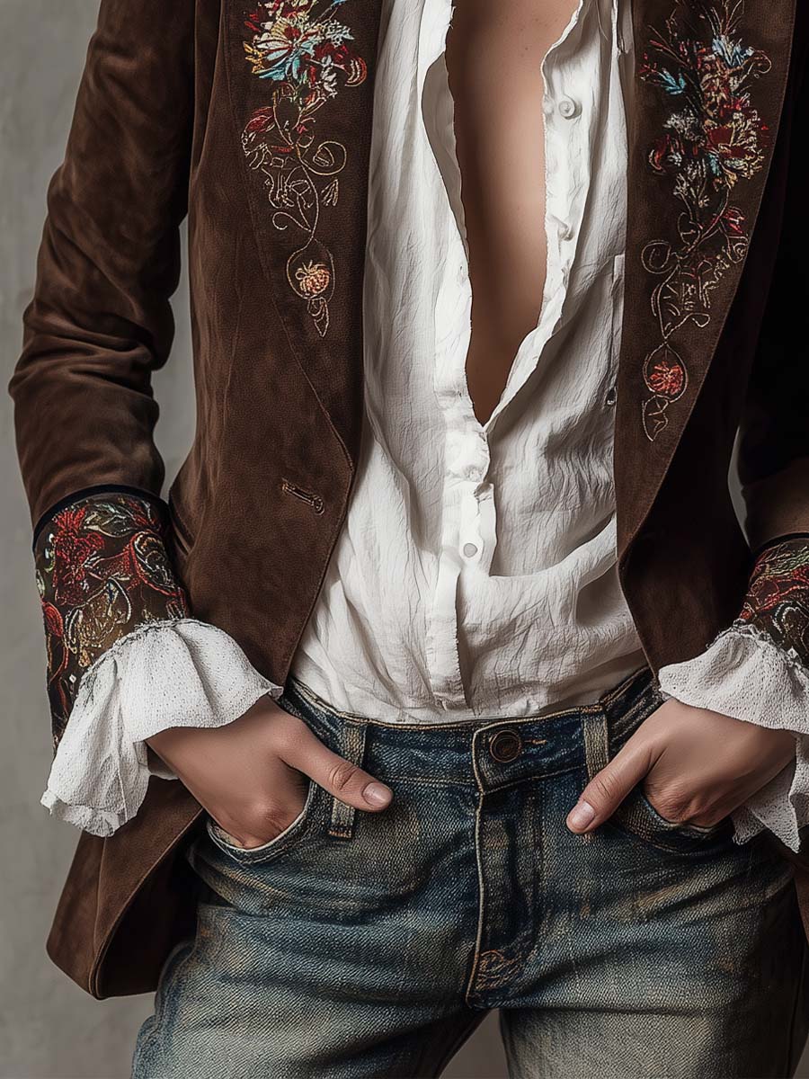 Retro Brown Suede Blazer Featuring Embroidered Accents
