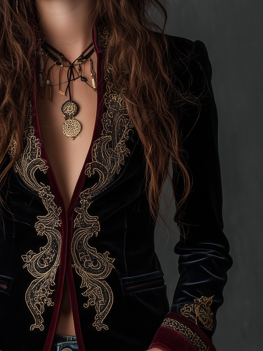 Classic Baroque Velvet Blazer with Embroidery