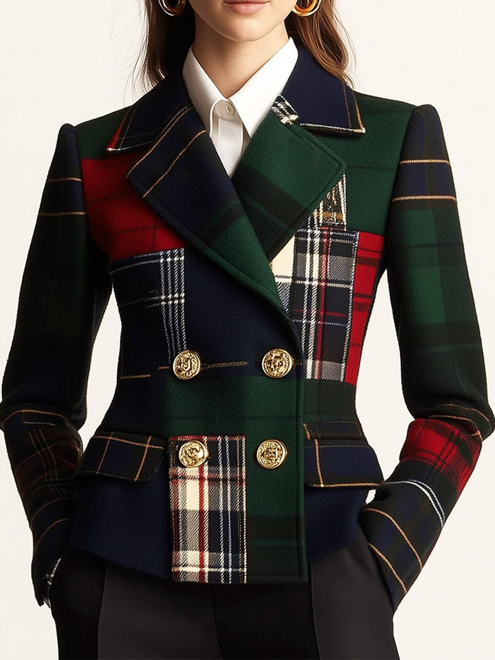 Relaxed Plaid Double-Breasted Wool Blazer with Lapel
