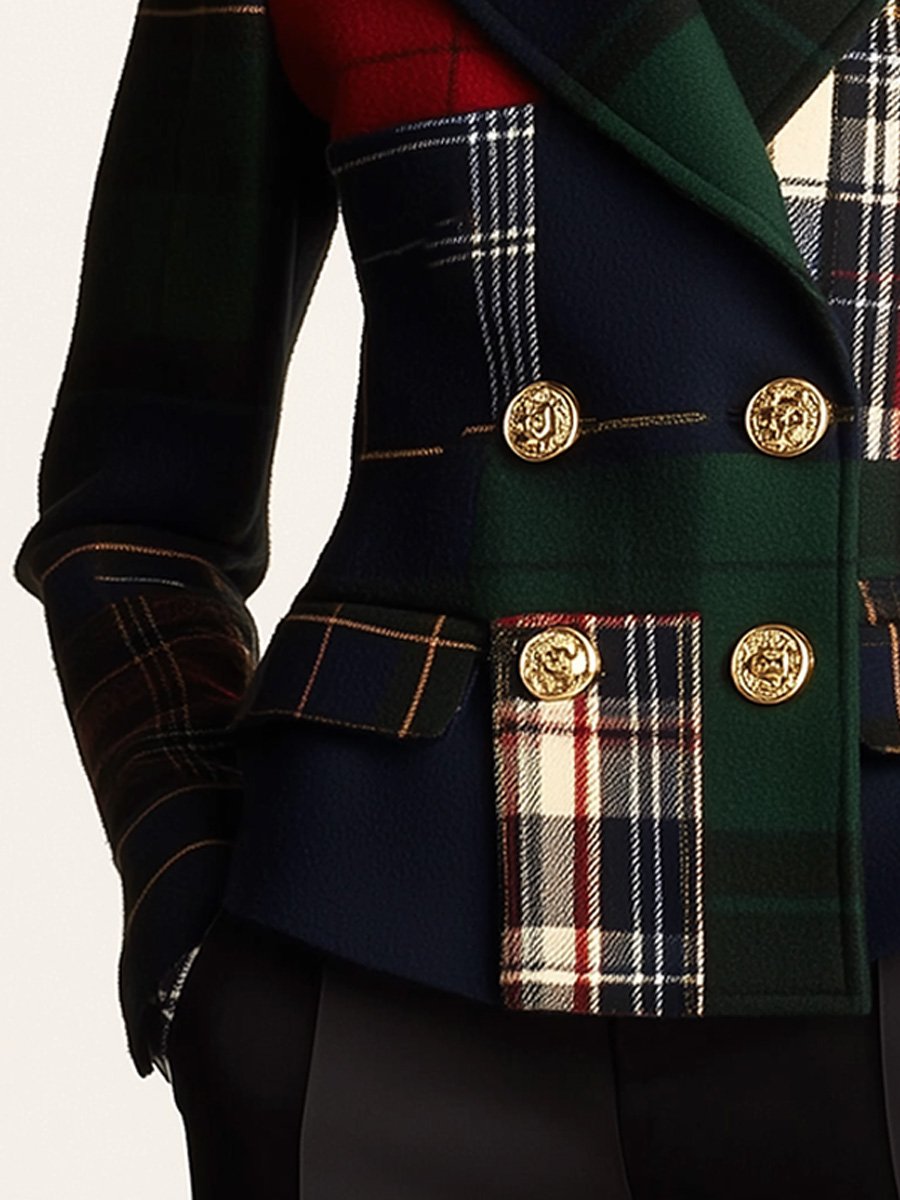 Relaxed Plaid Double-Breasted Wool Blazer with Lapel