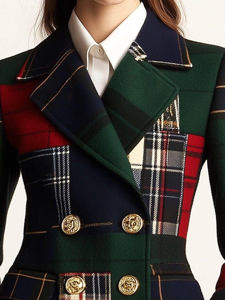 Relaxed Plaid Double-Breasted Wool Blazer with Lapel