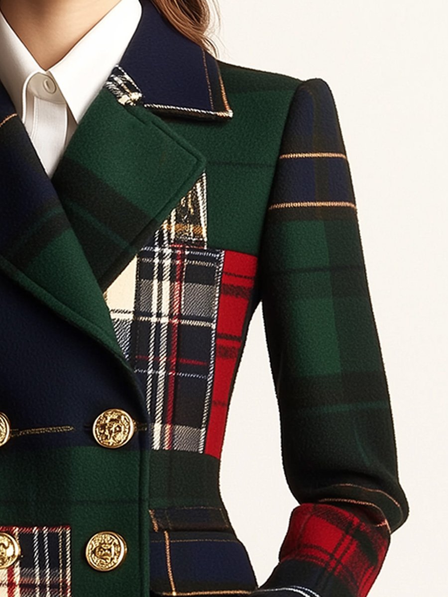 Relaxed Plaid Double-Breasted Wool Blazer with Lapel