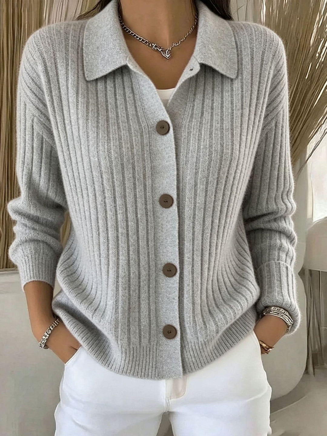 Merriwen | Ribbed Collared Button-Down Cardigan Sweater
