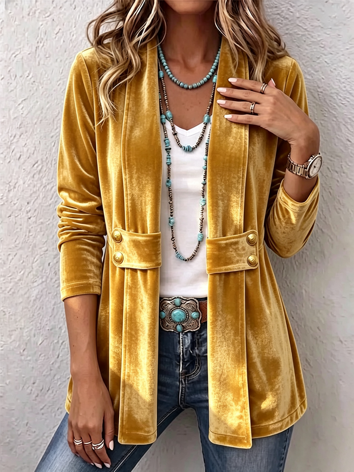 Holliwell | Vintage Lapel Button-Accent Long Sleeve Open Front Jacket