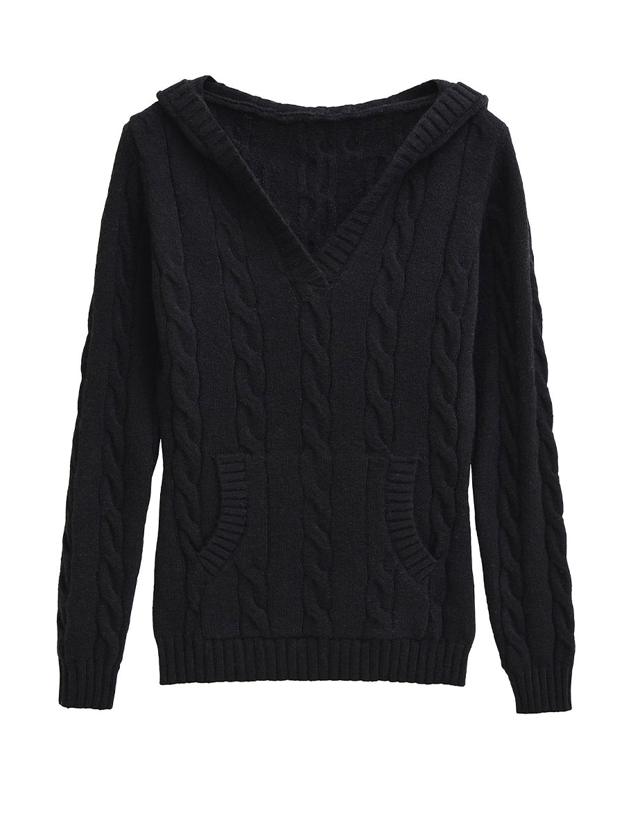 Corabelle | Cable-Knit V-neck Sweater With Hood