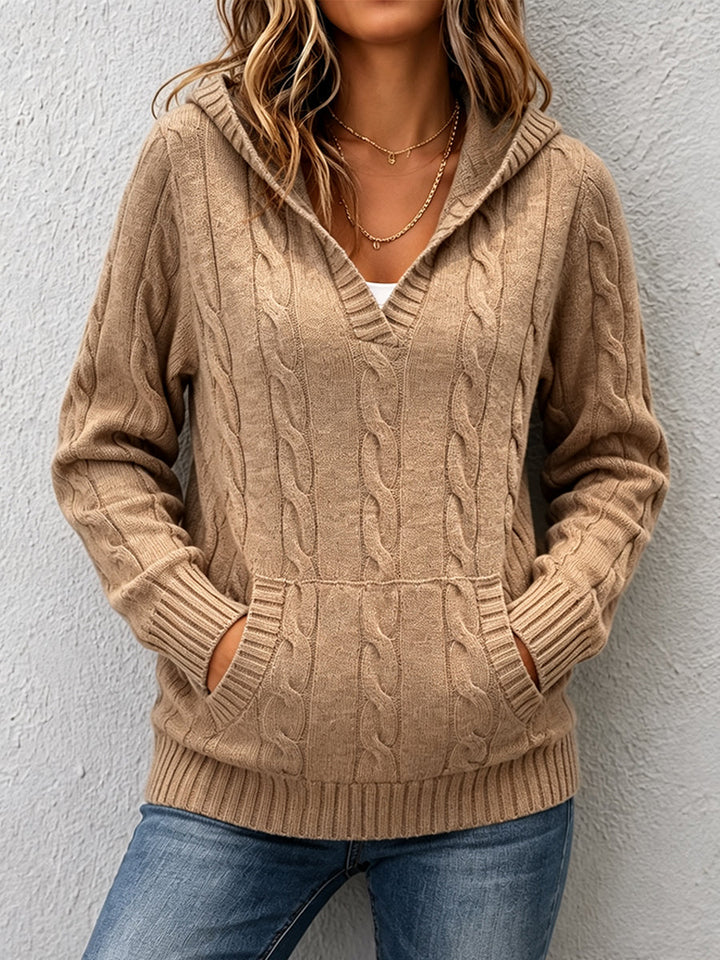 Corabelle | Cable-Knit V-neck Sweater With Hood