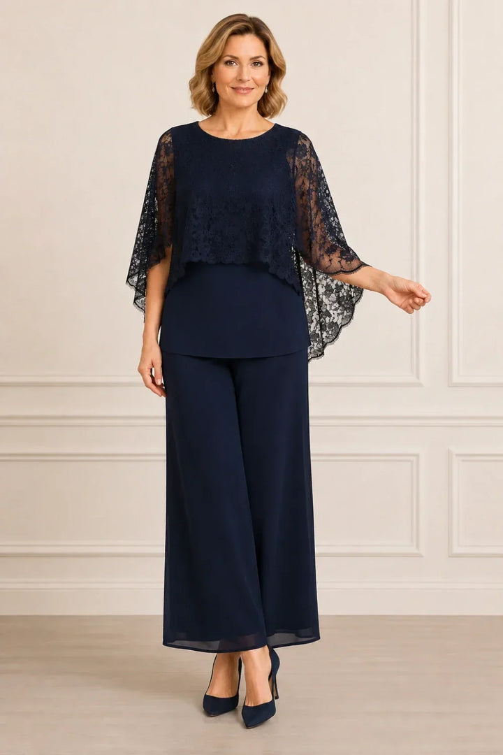 Lace Cape Mother of the Bride Pant Suit with Wide Legs