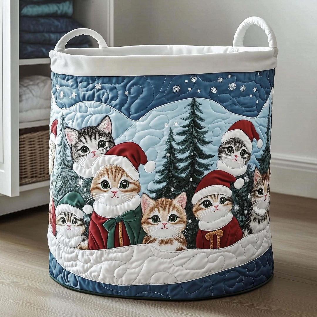 Snowy Kitten Gathering Quilted Storage Basket